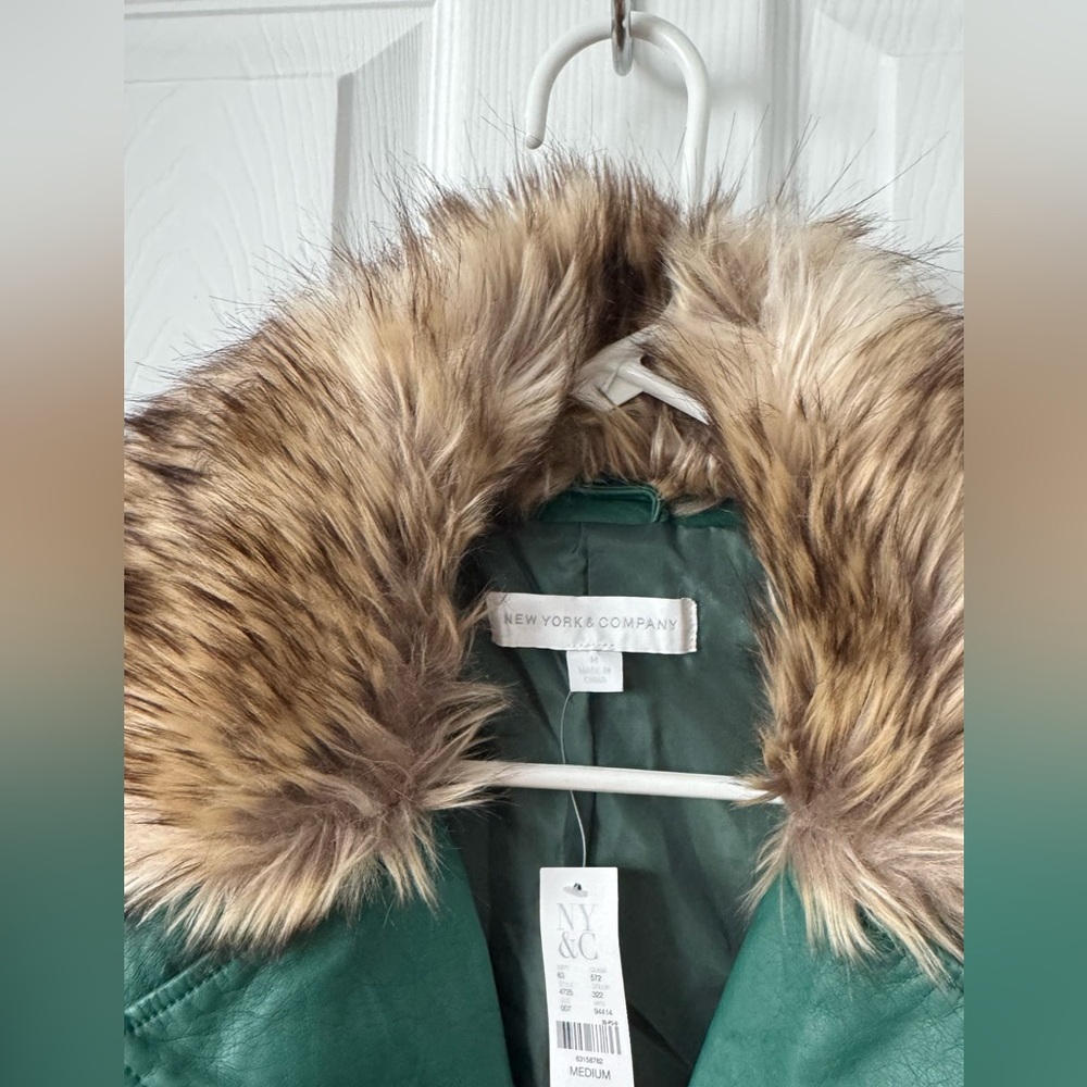 New York & Company Emerald Green Faux Leather Moto Jacket with Faux Fur Trim - Picture 4 of 14